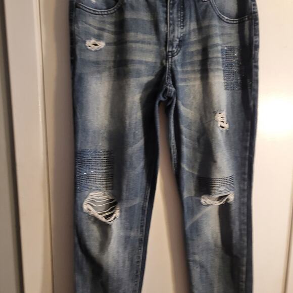 HANNAH Distressed Rhinestone Patch Jeans Sz 6 Mid Rise Straight Leg Blue Denim - Picture 10 of 12